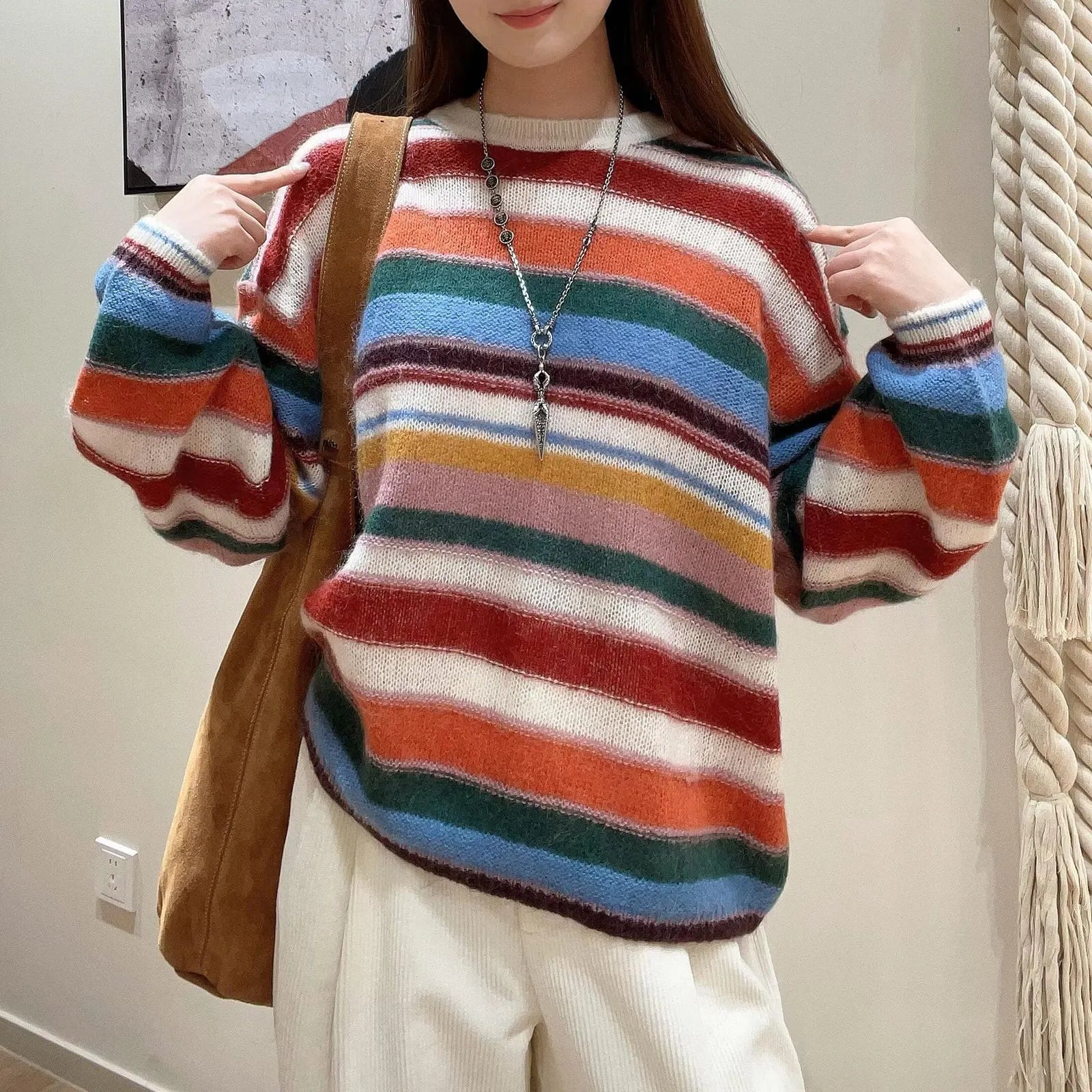 Crew Neck Rainbow Stripe Knit Pullover Sweater