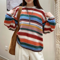 Crew Neck Rainbow Stripe Knit Pullover Sweater
