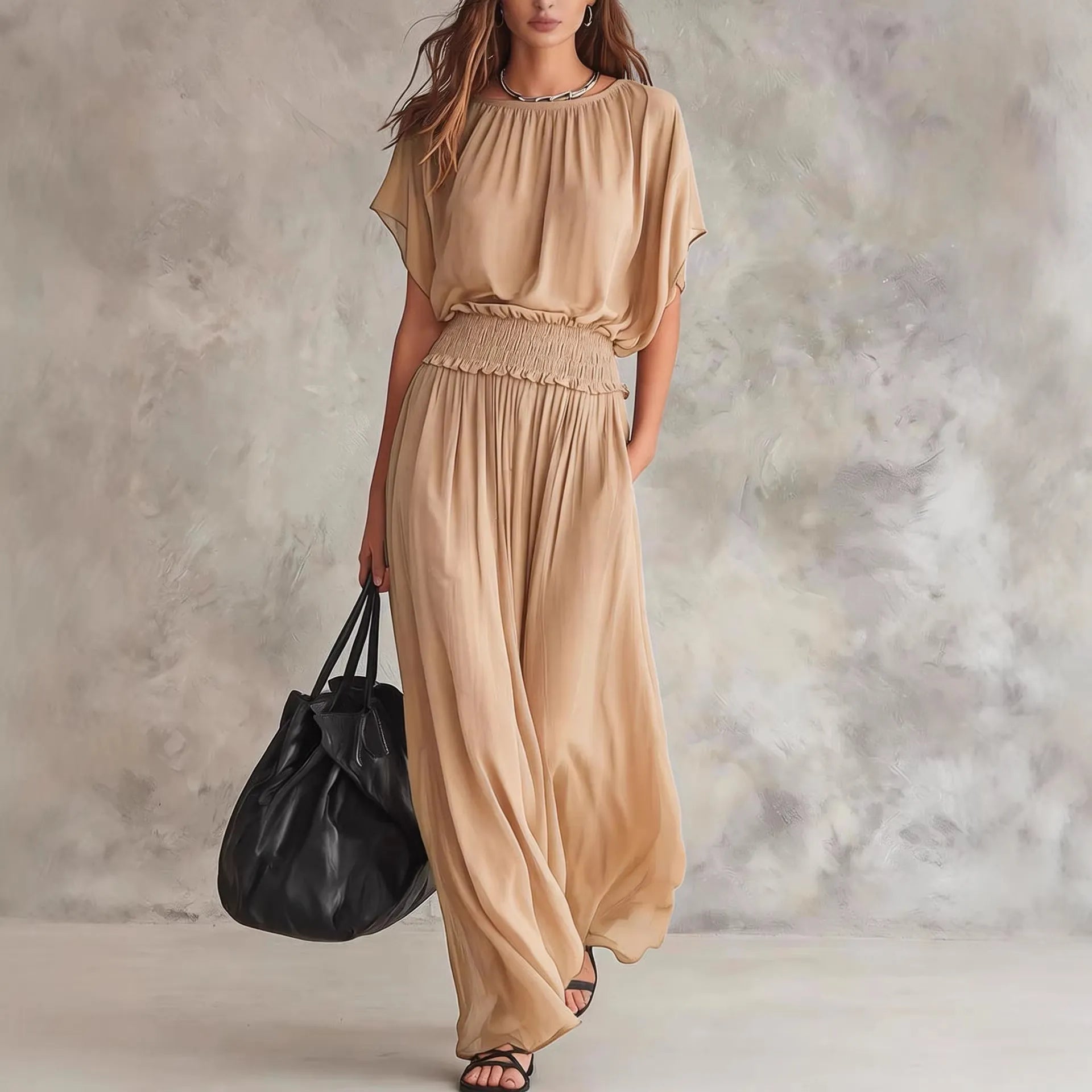 Army Green Batwing-Sleeve Smocked Waist Maxi Dress