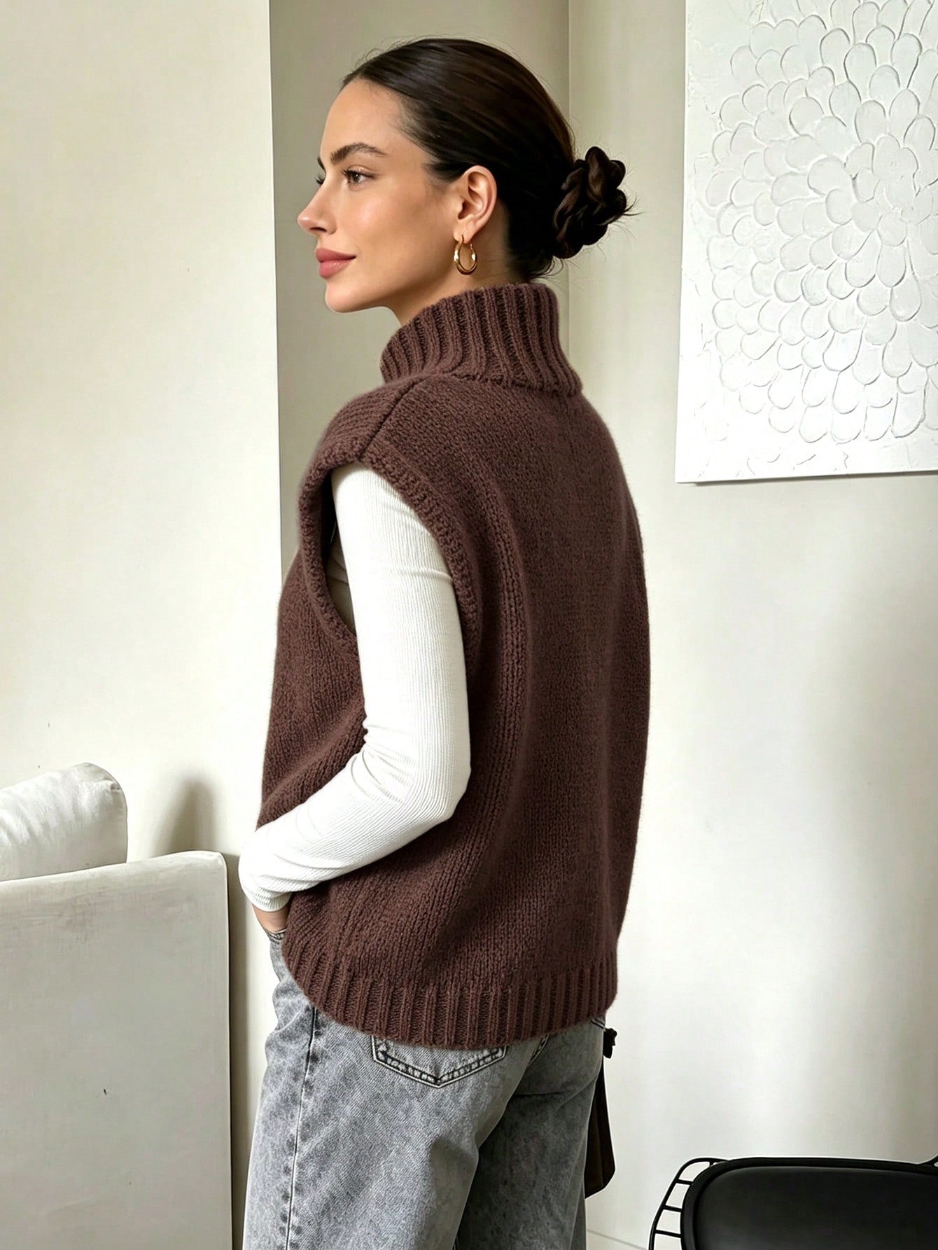 Coffee Brown High Neck Knit Sweater Vest