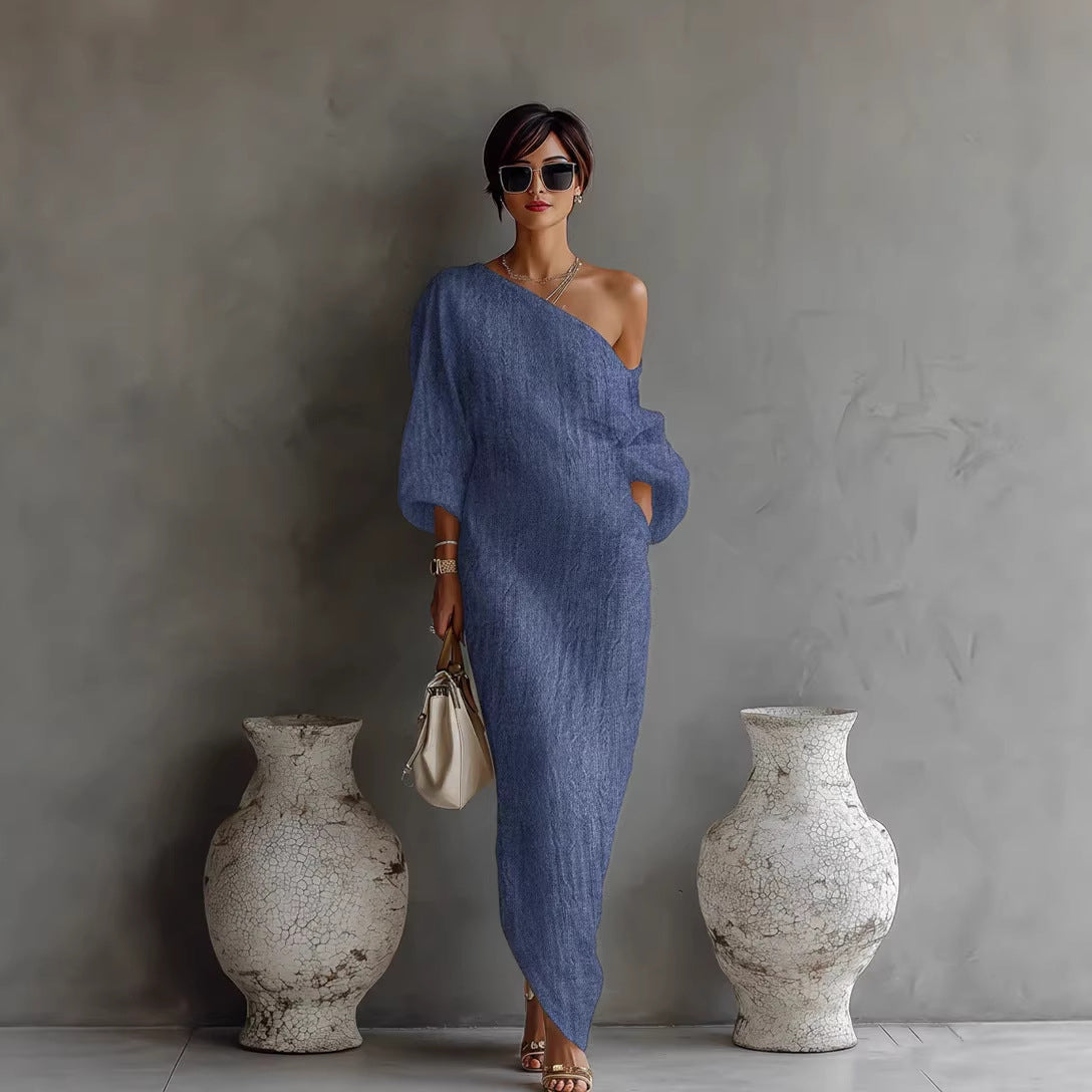 One Shoulder Draped Linen Maxi Dress