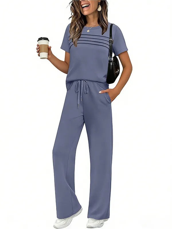 Short Sleeve Ruched Top & Drawstring Wide-Leg Pants Set