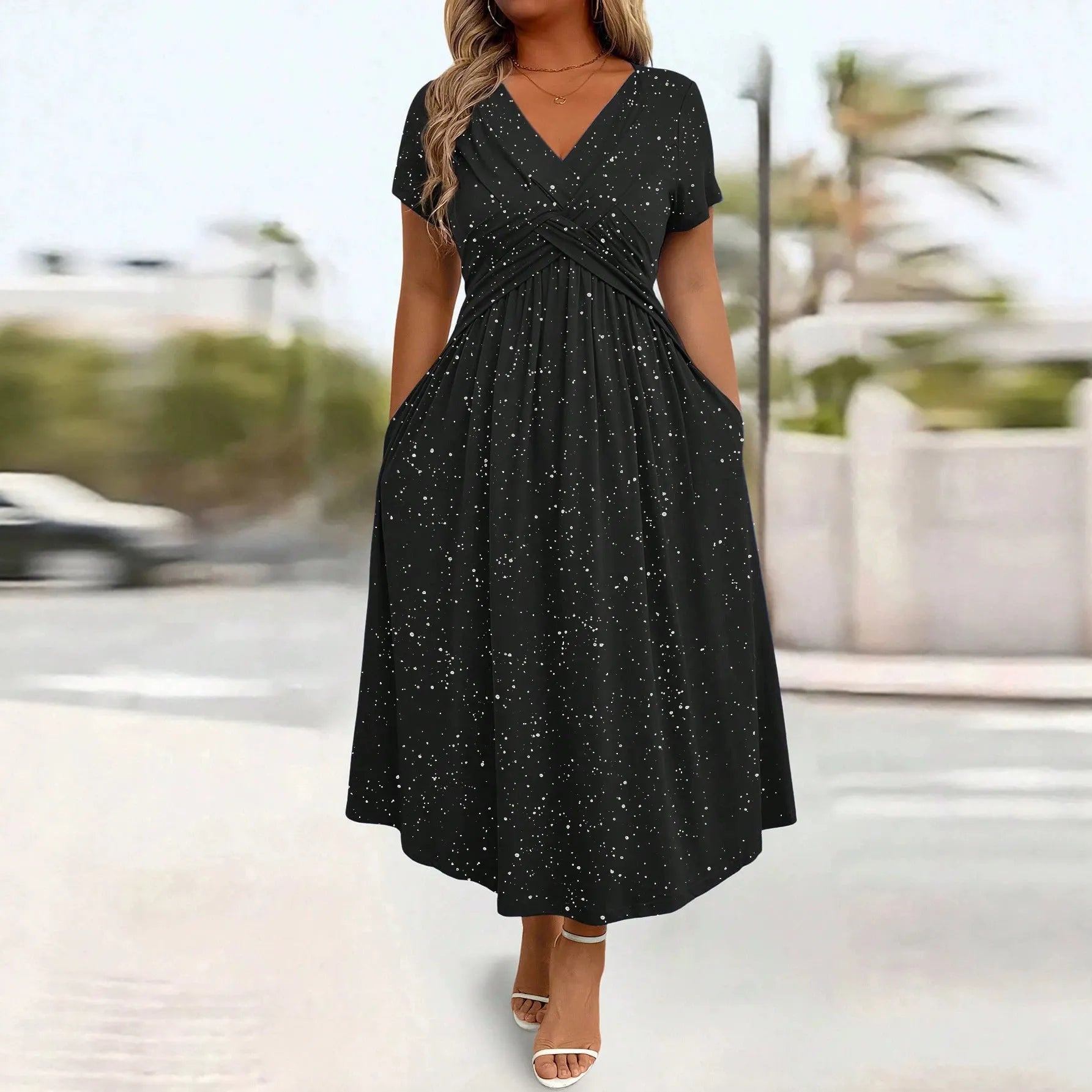 Twist Front A Line Midi Dress, Short Sleeve V-Neck Glitter Dot Print Dress with Pockets