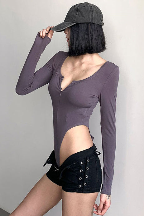 Zip Long Sleeve Bodycon Bodysuit Swimsuit
