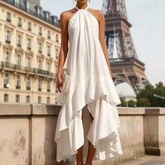 Halter Neck Sleeveless Solid Color Ruffle Asymmetrical Maxi Dress