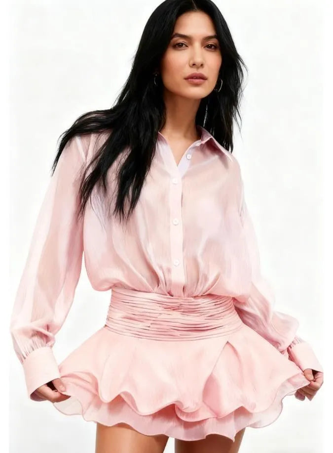 Sheer Shirt Collar Long Sleeve Mini Shirt Dress
