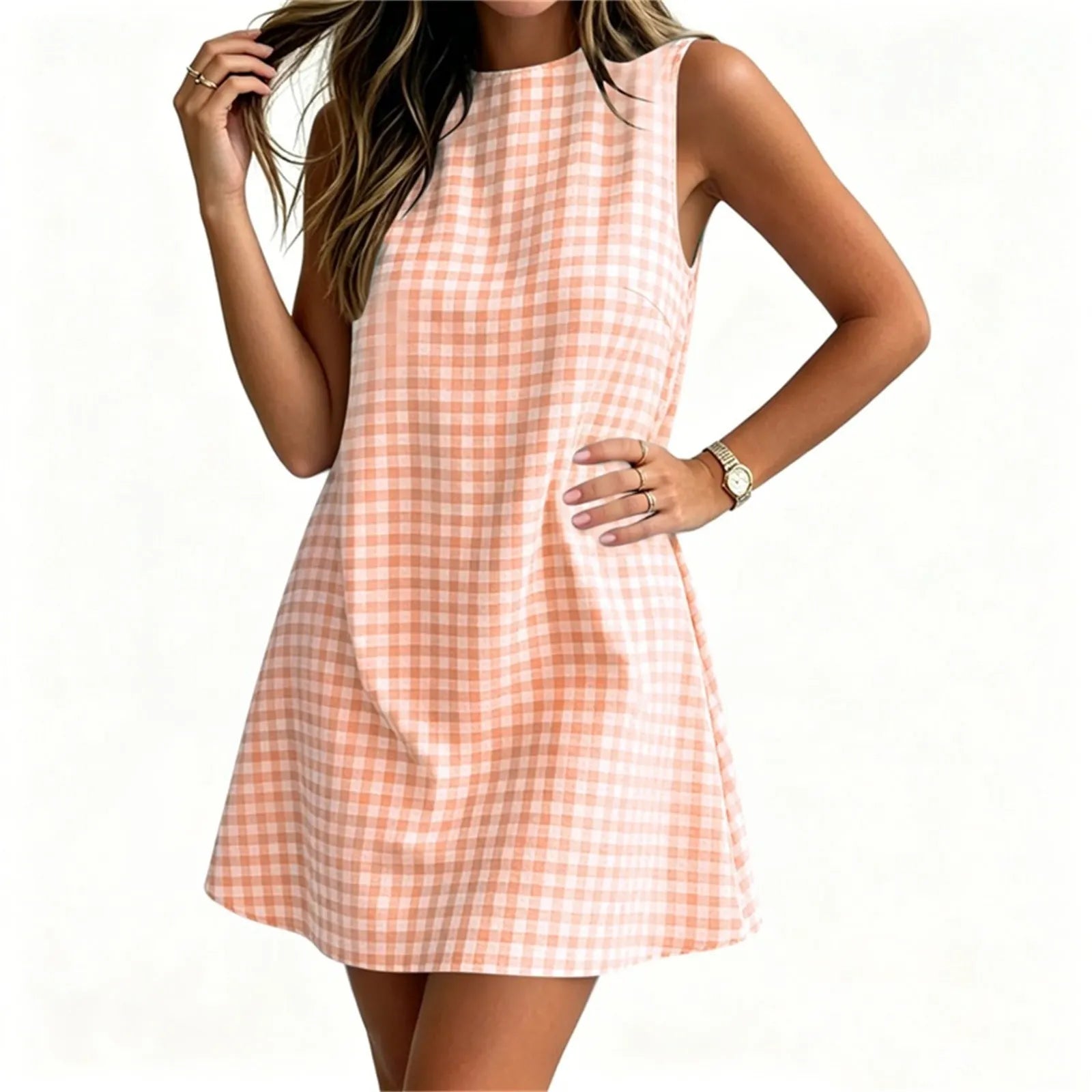 Round Neck Gingham Check Sleeveless Loose A-Line Mini Casual Dress