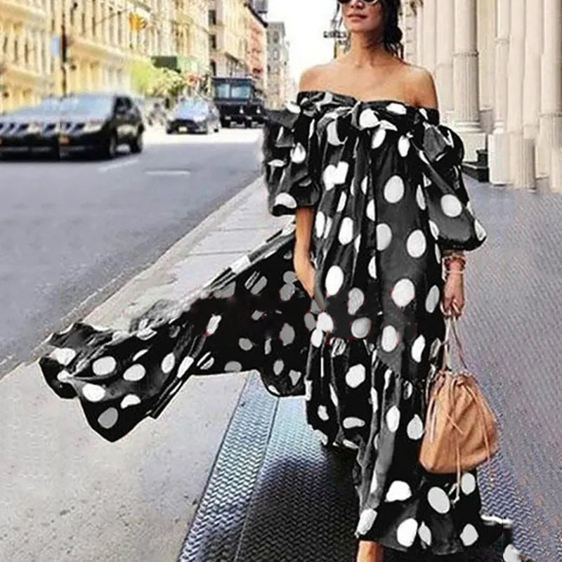 Off Shoulder Puff Long Sleeve Polka Dot Loose Swing Maxi Dress