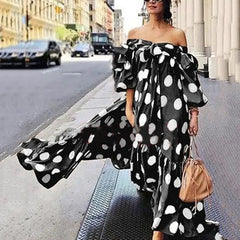 Off Shoulder Puff Long Sleeve Polka Dot Loose Swing Maxi Dress