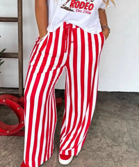 Vertical Stripe Drawstring Wide Leg Casual Pants