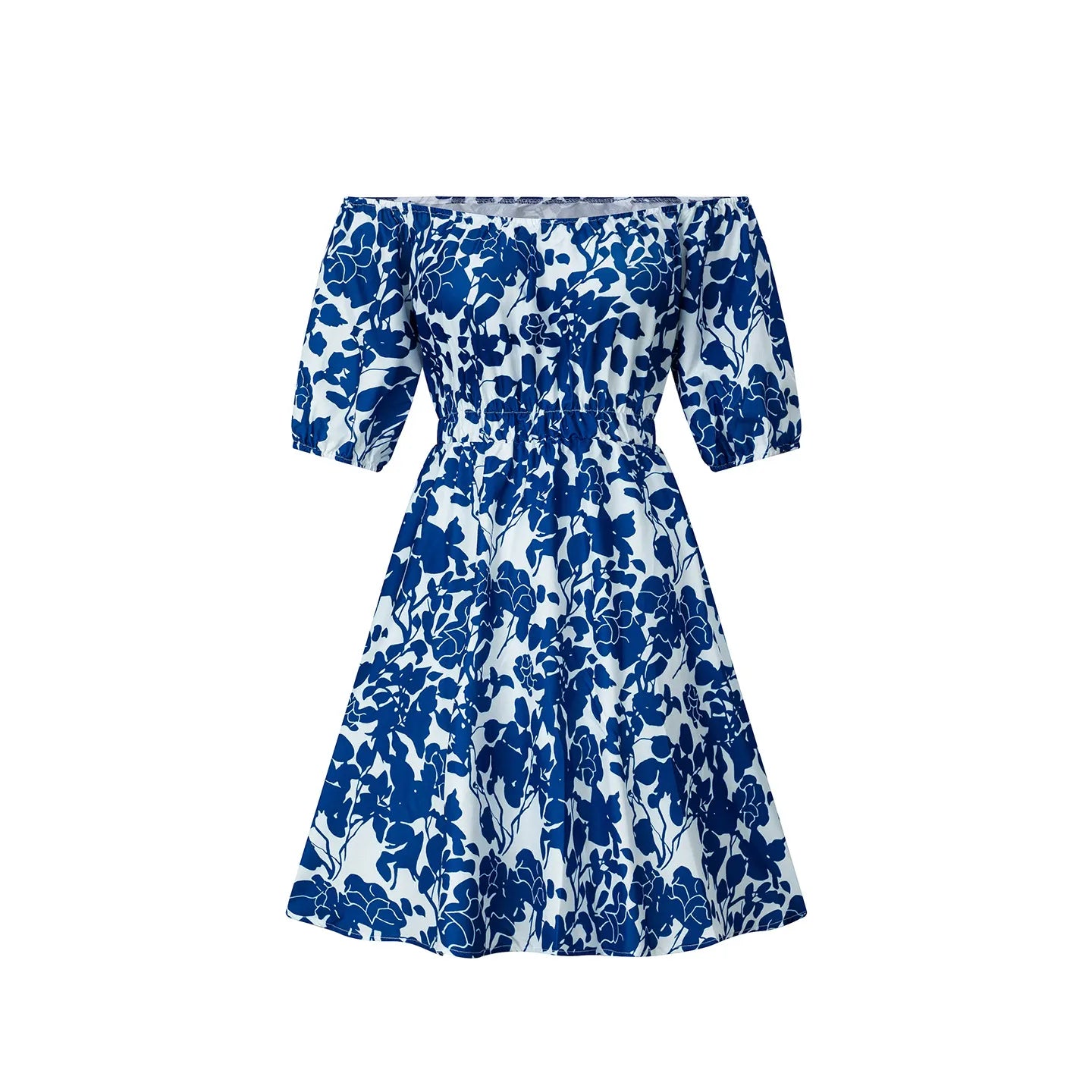 Floral Print Off Shoulder High Waist Swing Dress Short Sleeve Elegant Casual Midi Dress