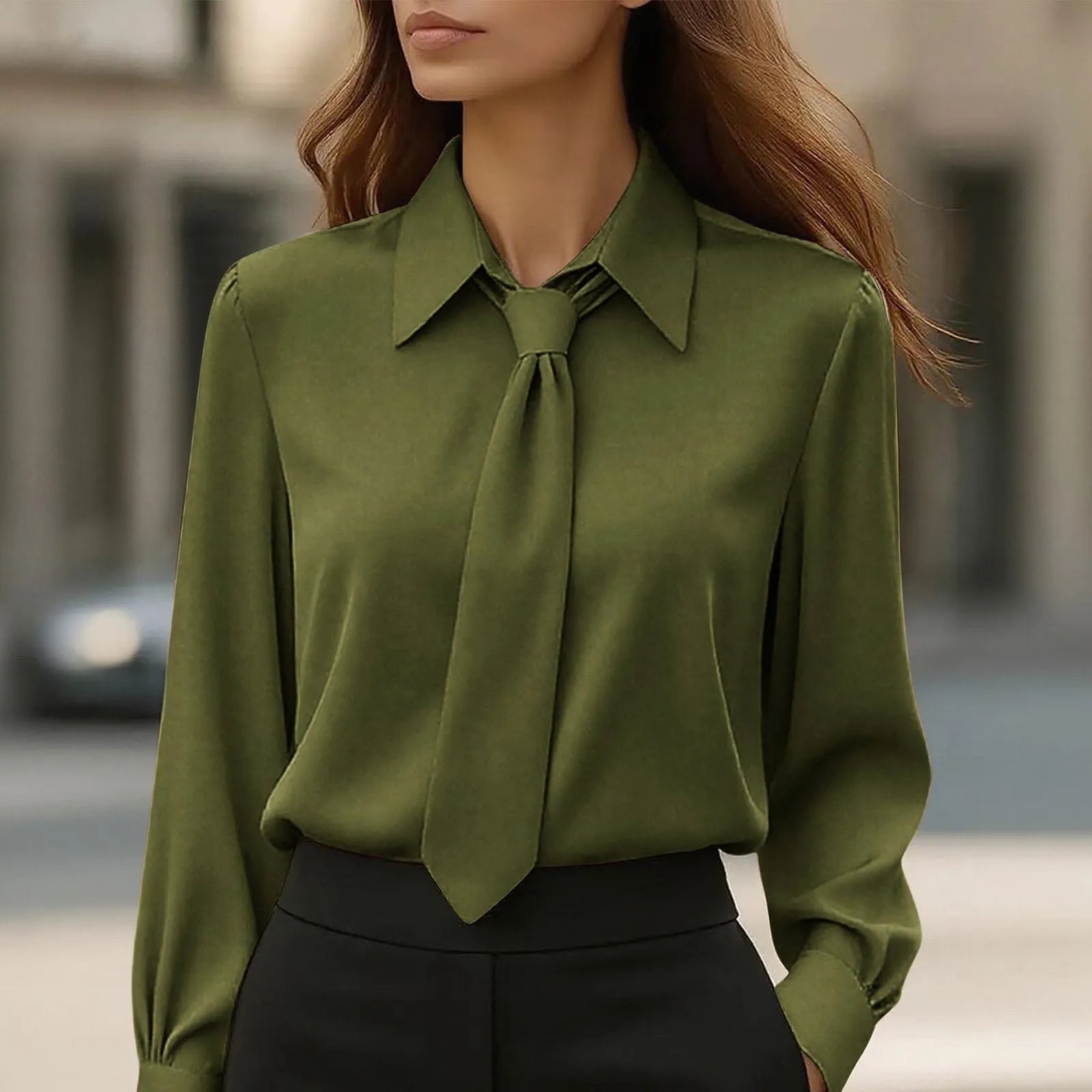 Lapel Tie Neck Solid Soft Satin Long Sleeve Commuter Blouse