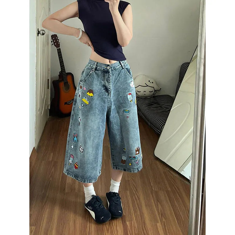 High Waist Cartoon Patch Wide Leg Cropped Jeans