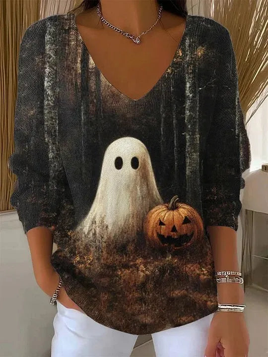 Halloween Ghost Pumpkin V‑Neck Sweater