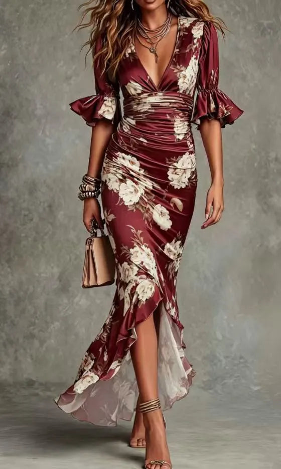 Deep V Neck Flare Short Sleeve Floral Print High Waist Slim Midi Mermaid Dress