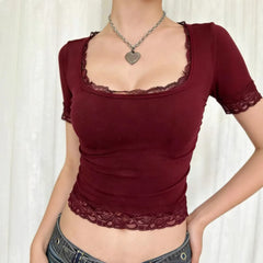 U-Neck Lace Trim Short Sleeve Solid Cropped Slim Fit Casual Top