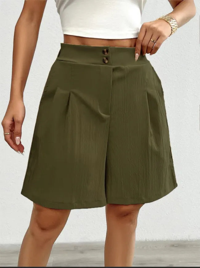 High Waist Double Button Pleated Casual Bermuda Shorts