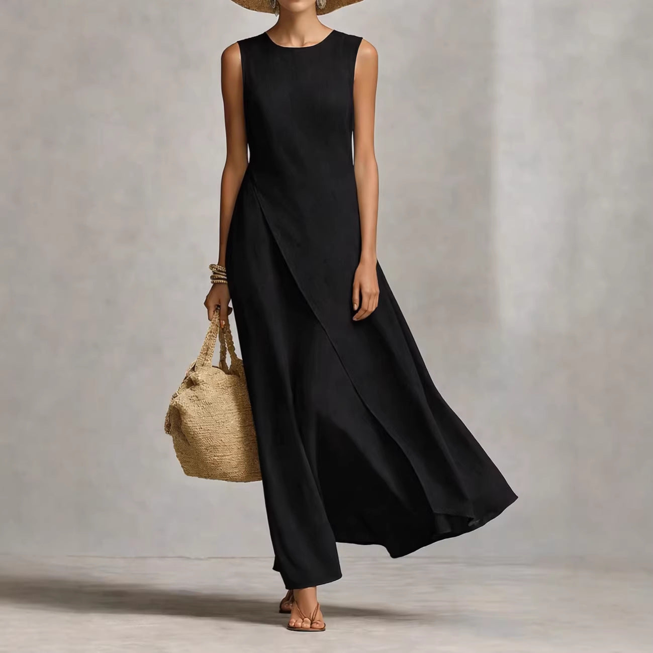 Round Neck Wrap Overlay Sleeveless Linen Maxi Dress