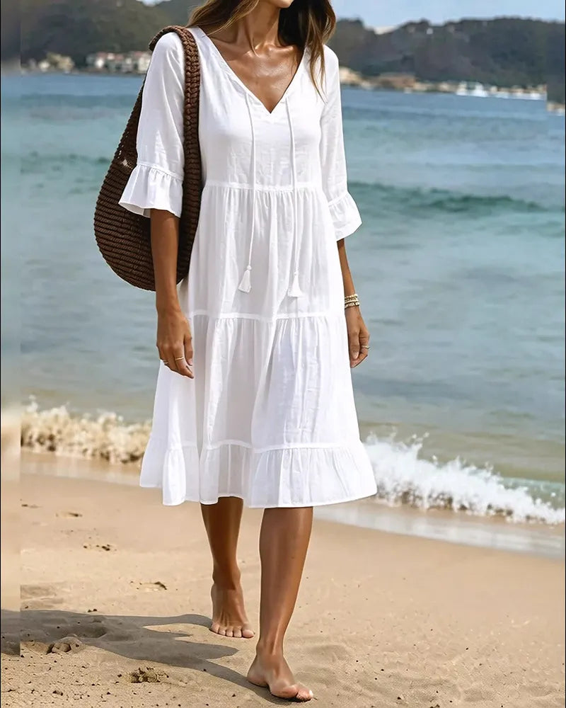 White V-Neck Tiered Ruffle Midi Dress