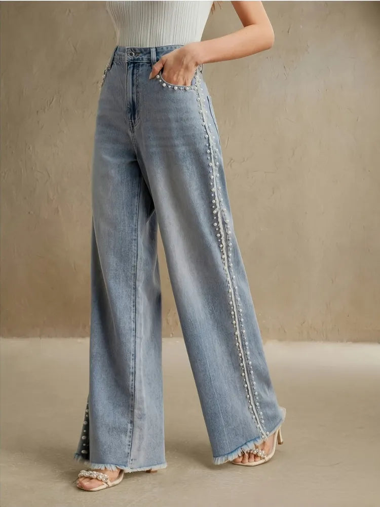 Mid Waist Pearl Beaded Straight Leg Denim Jeans