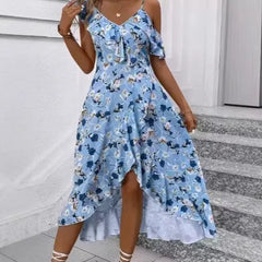 Floral Print V-Neck Cold Shoulder Ruffle Hem High Waist Maxi Dress