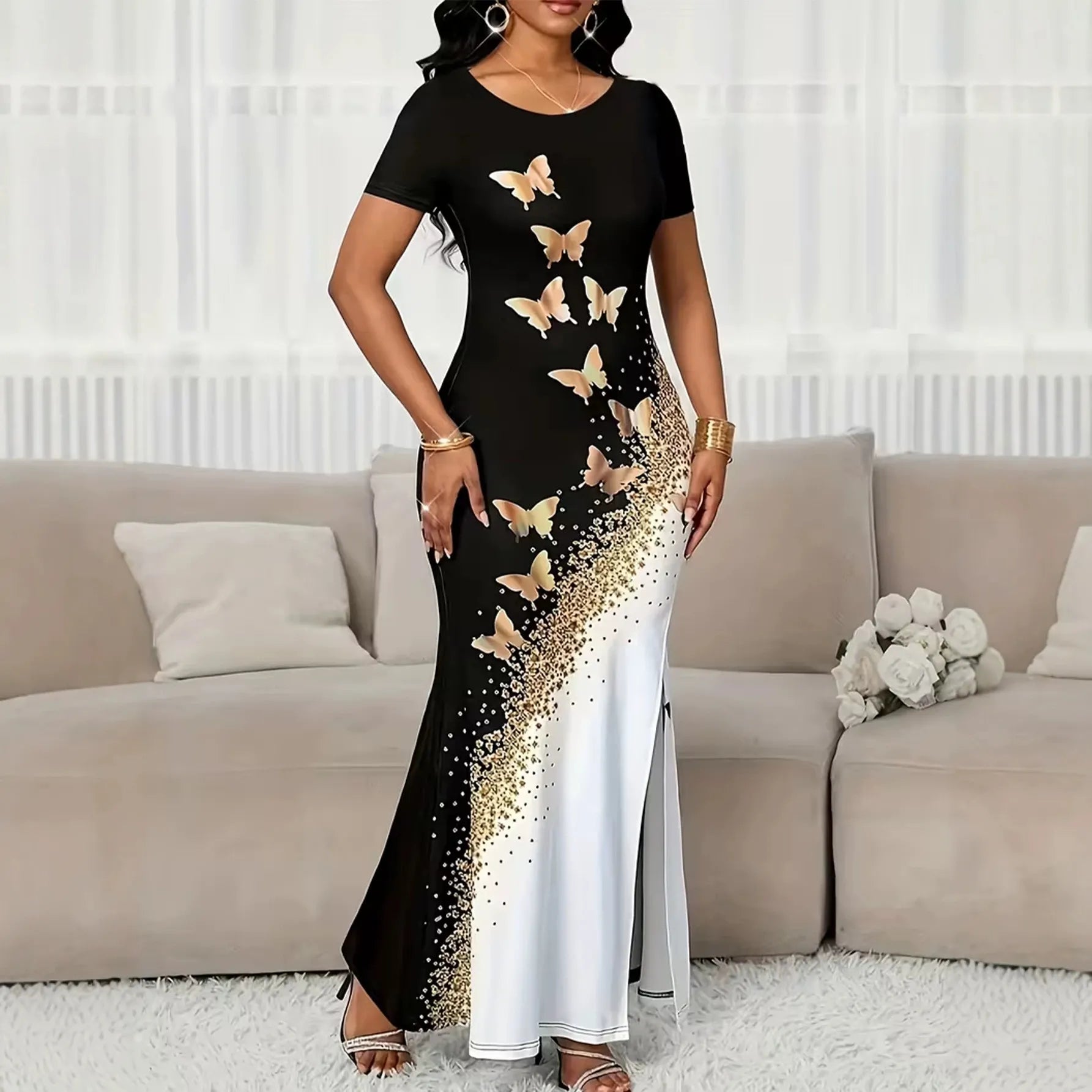 Round Neck Short Sleeve Butterfly Print Side Slit Elegant Maxi Dress