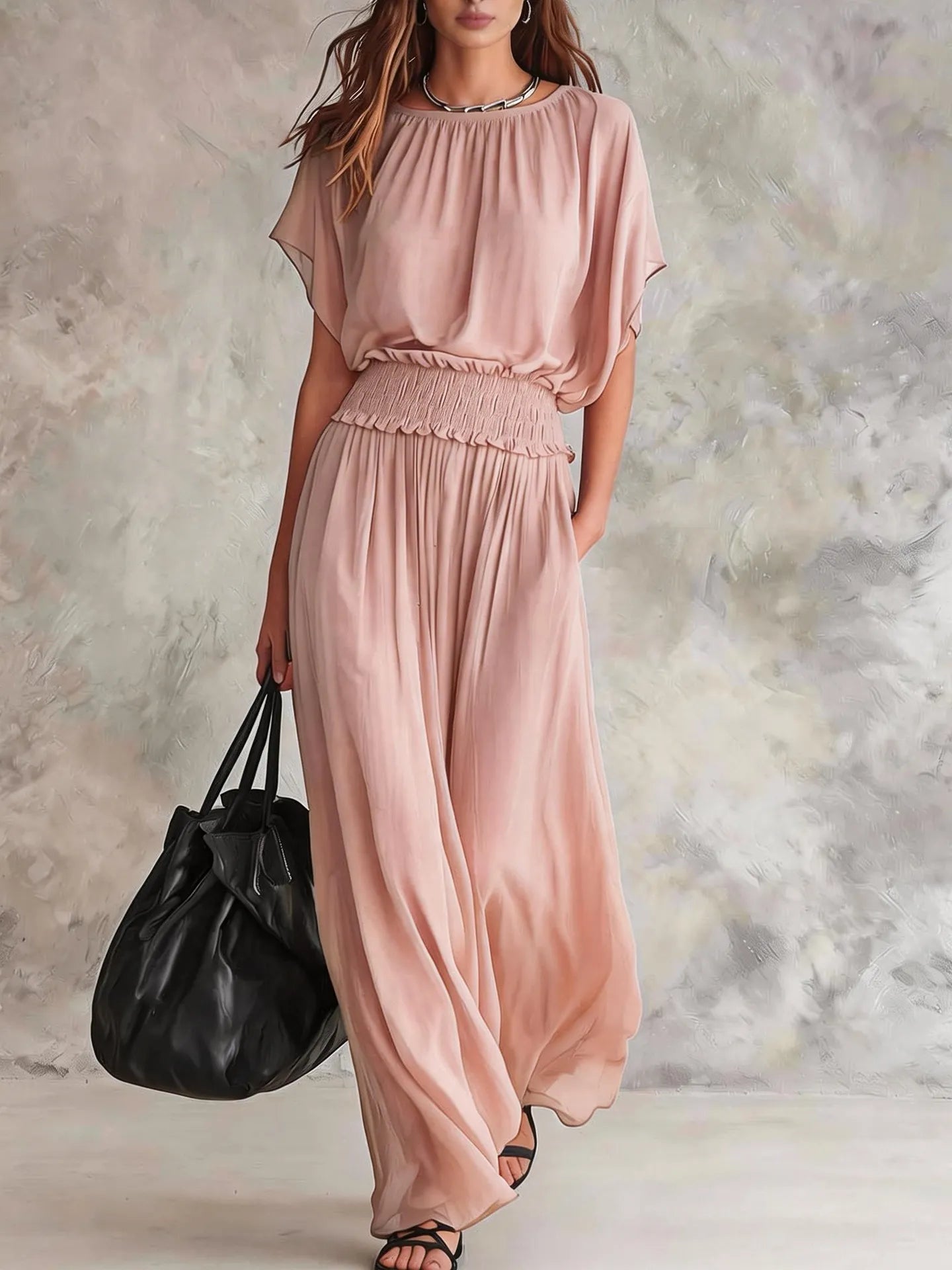 Army Green Batwing-Sleeve Smocked Waist Maxi Dress