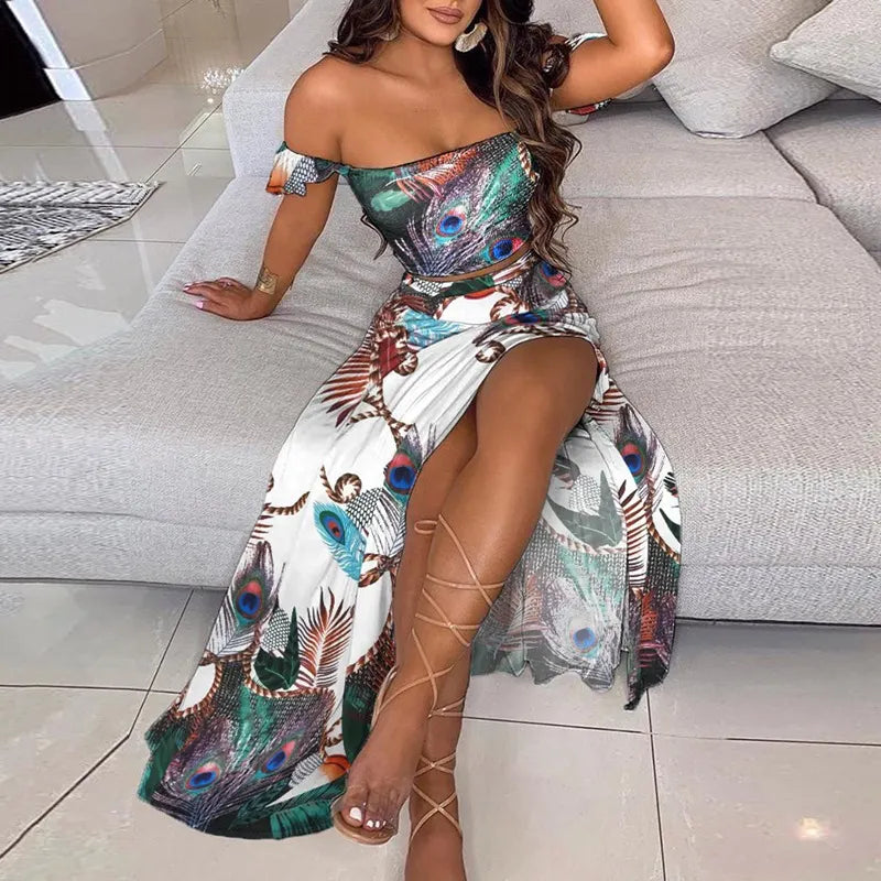 Off Shoulder Ruffle Crop Top & Floral Print High Slit Maxi Skirt 2 Piece Outfit Set