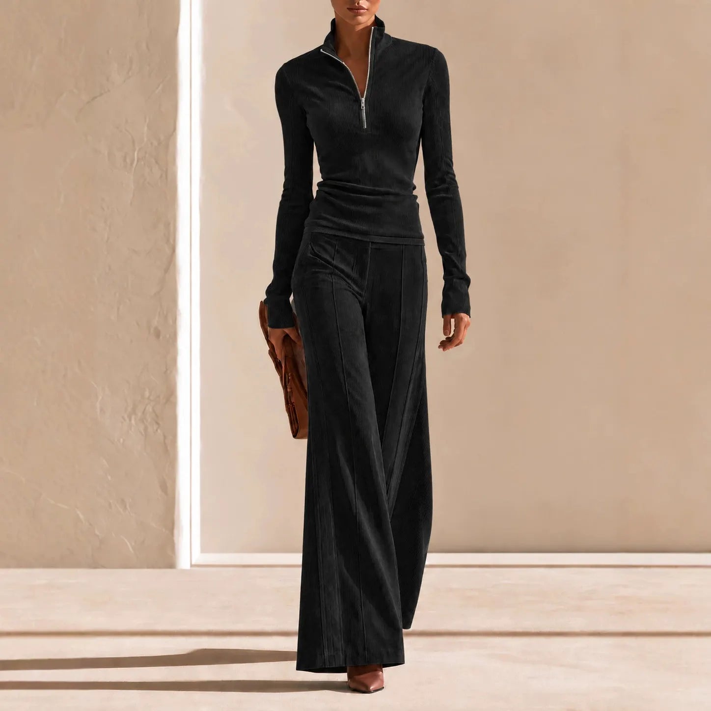 Ribbed Corduroy Matching Set Long Sleeve Quarter Zip Top High Waist Flare Trousers