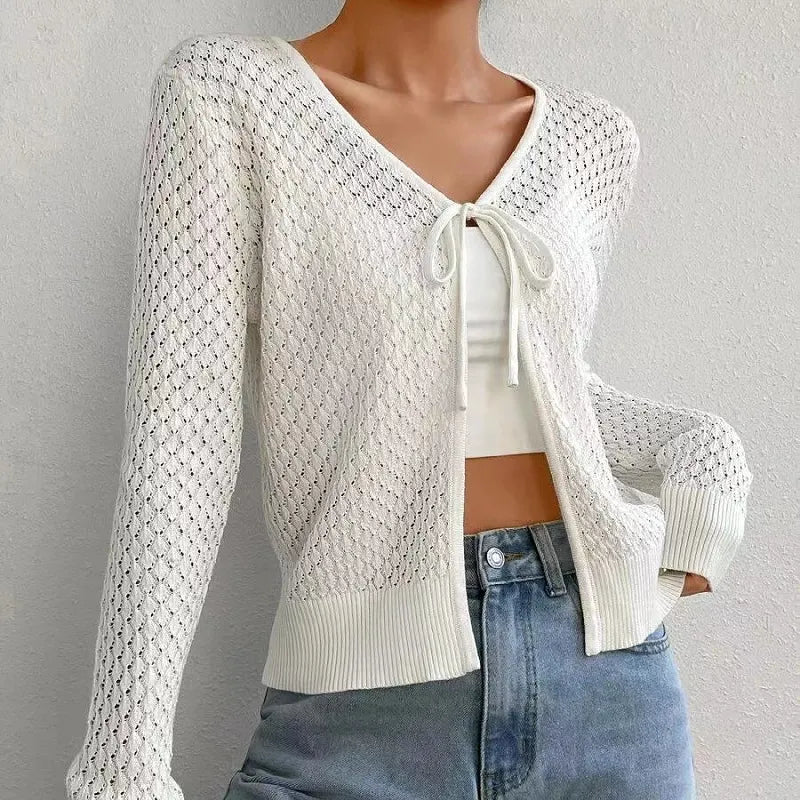Geometric Pattern Knit Long Sleeve Cardigan, Loose V-Neck Lace-Up Sweater