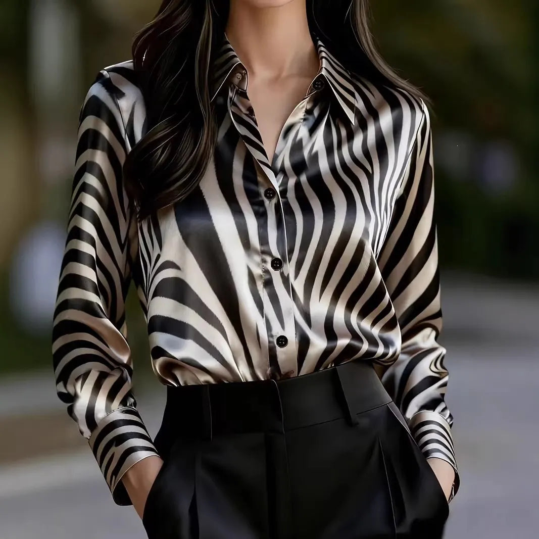 Zebra Print Satin Long Sleeve Button Down Shirt,