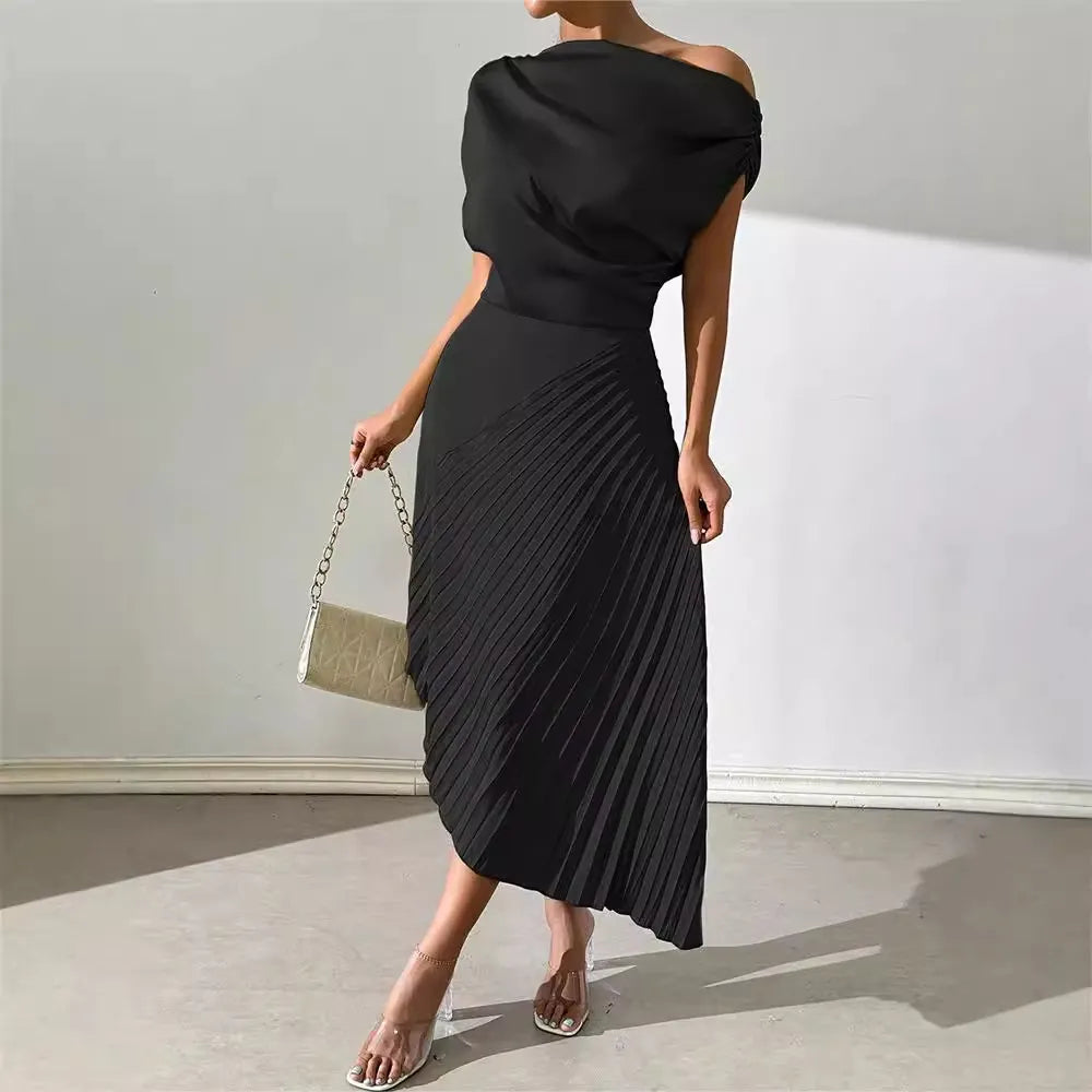 Asymmetric Satin Pleated Midi Dress