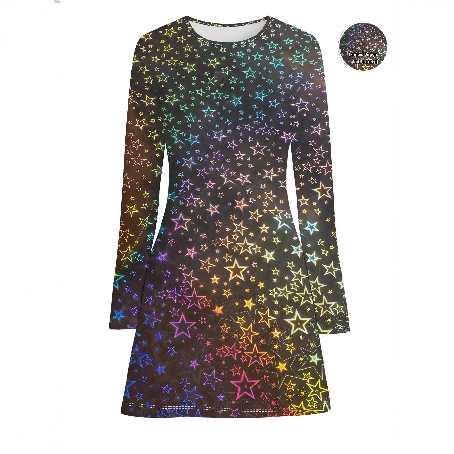 Holographic Star Print Round Neck Long Sleeve Midi Dress