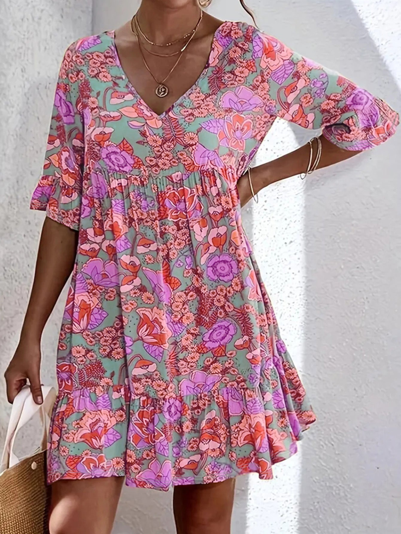 Floral Print Ruffle Hem Mini Dress