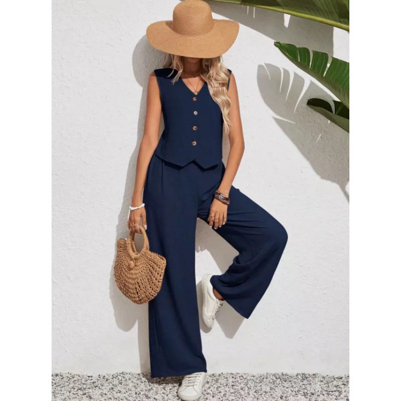 Green V-Neck Button Vest & Wide-Leg Pants Two-Piece Set