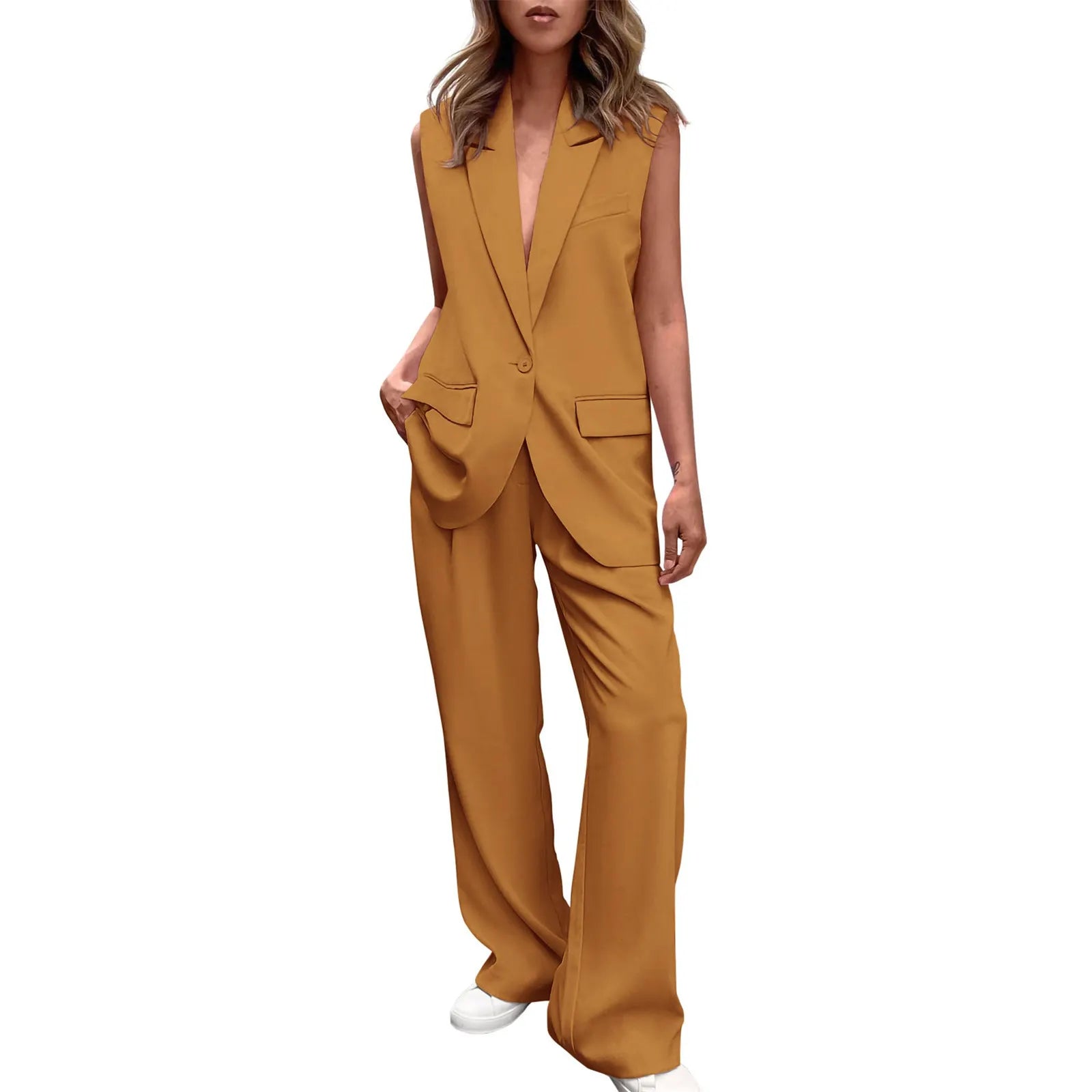 Sleeveless Blazer Vest Wide Leg Pants 2 Piece Suit Set