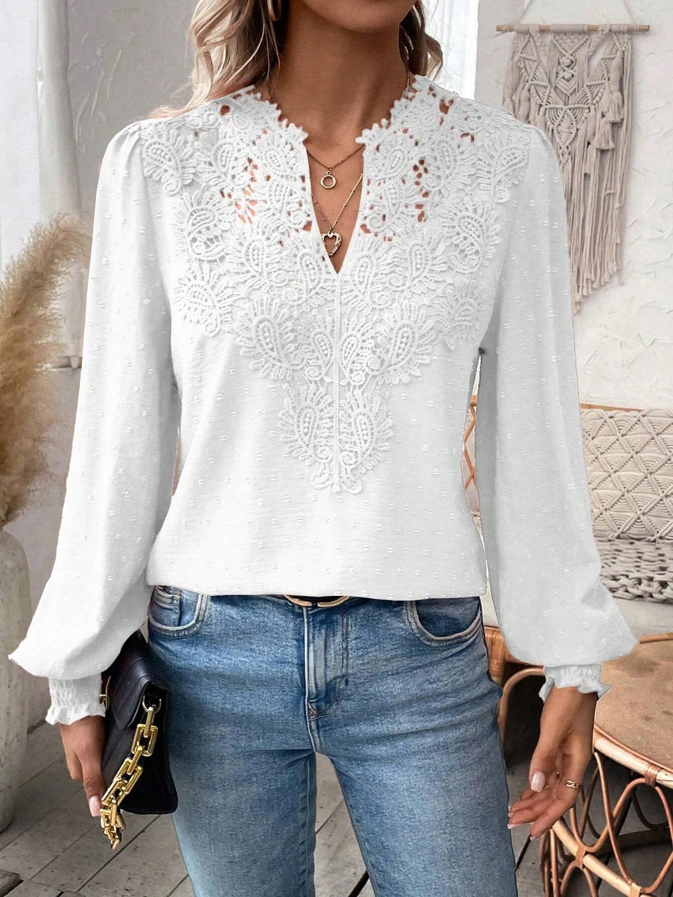 Lace V Neck Puff Sleeve Blouse