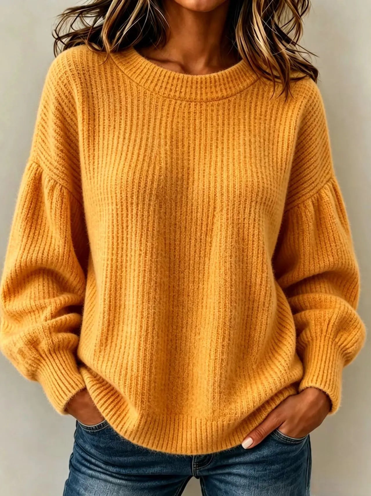 Balloon Sleeve Ribbed Hem Casual Knit Top