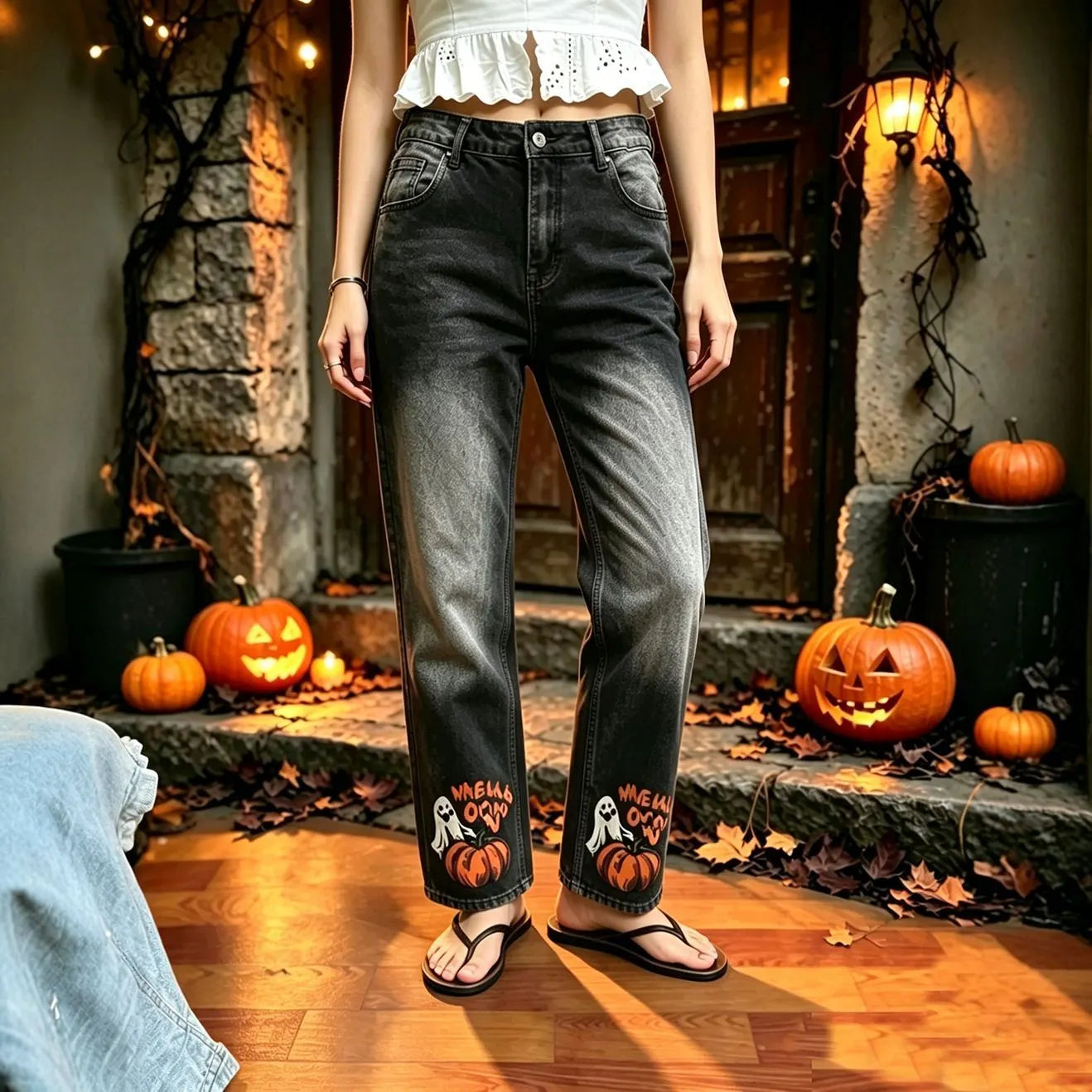 Halloween Ghost Pumpkin Printed Straight Jeans