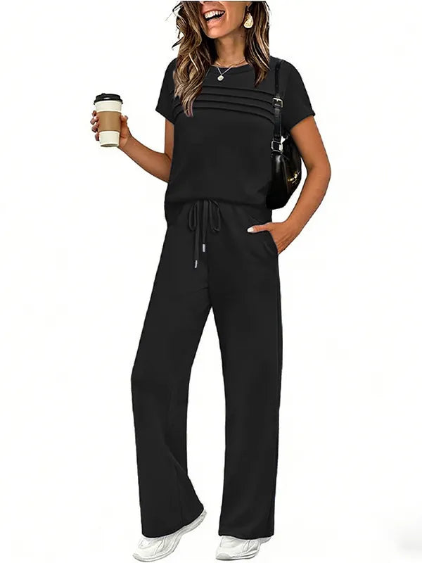 Short Sleeve Ruched Top & Drawstring Wide-Leg Pants Set