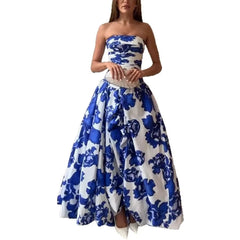Strapless Ruched Floral Print Maxi Dress