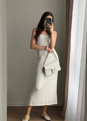 Light Pink Semi Sheer Knit Dress, Ladies Crew Neck Flared Sleeve Elegant Long Knit Midi Dress