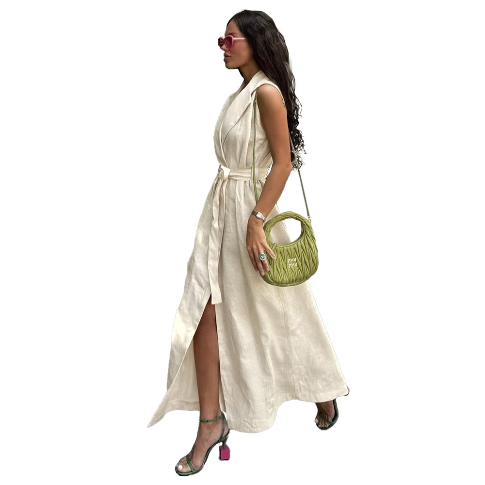 Solid Color Sleeveless Lapel Belted Maxi Shirt Dress