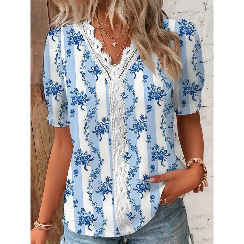 Floral Print Lace V-Neck Short Sleeve Casual Blouse