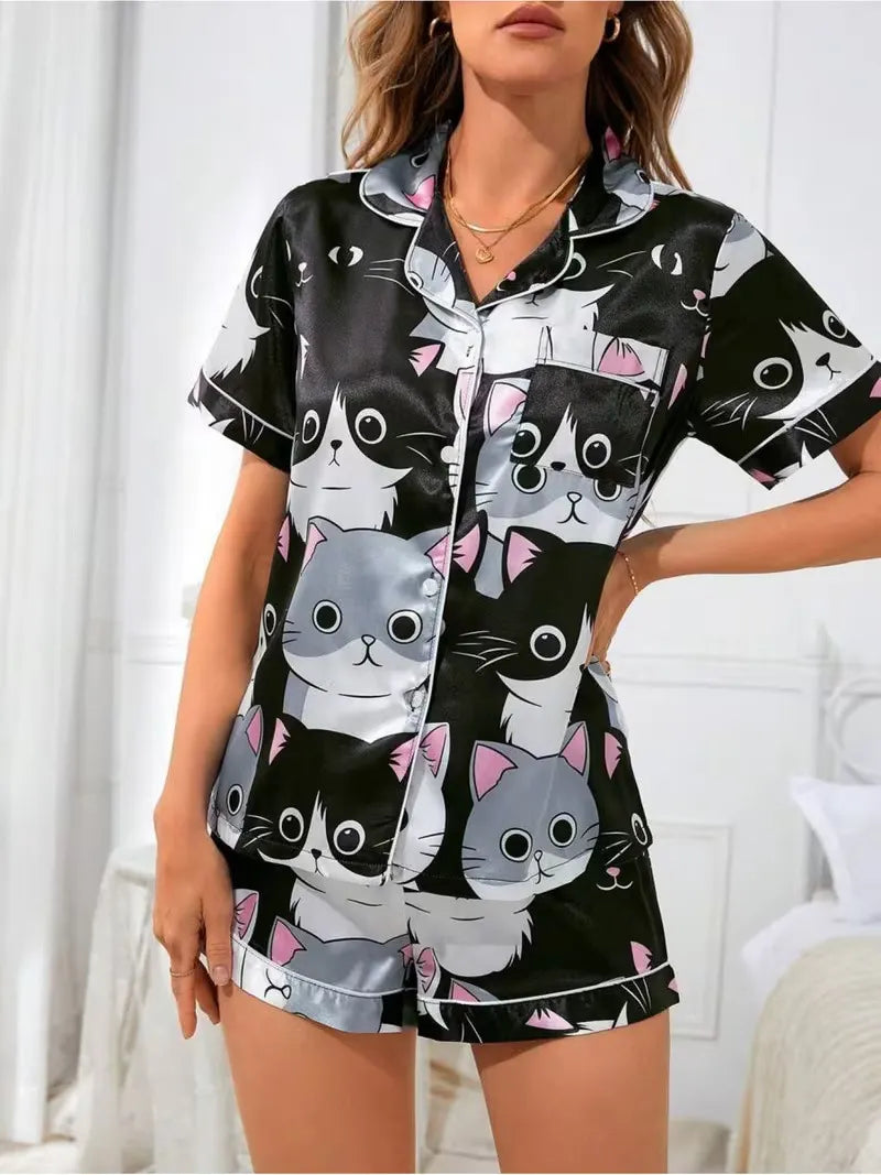 Ladies Plus Size Friendly Satin Pajama Set Cute Panda Heart Pattern Short Sleeve Top & Elastic Shorts Nightwear
