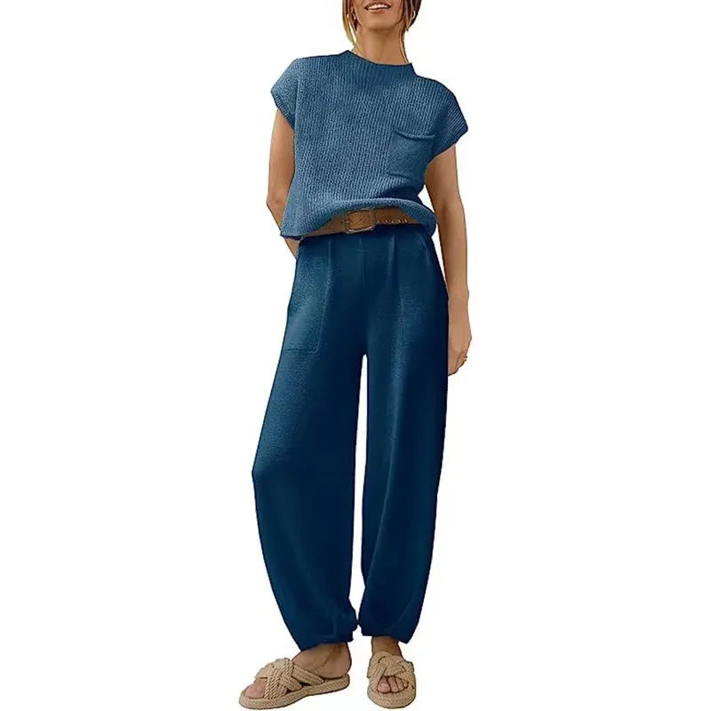 White Knit Short-Sleeve Top & Khaki High-Waisted Pants Two-Piece Set