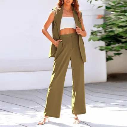 Sleeveless Blazer Vest Wide Leg Pants 2 Piece Suit Set