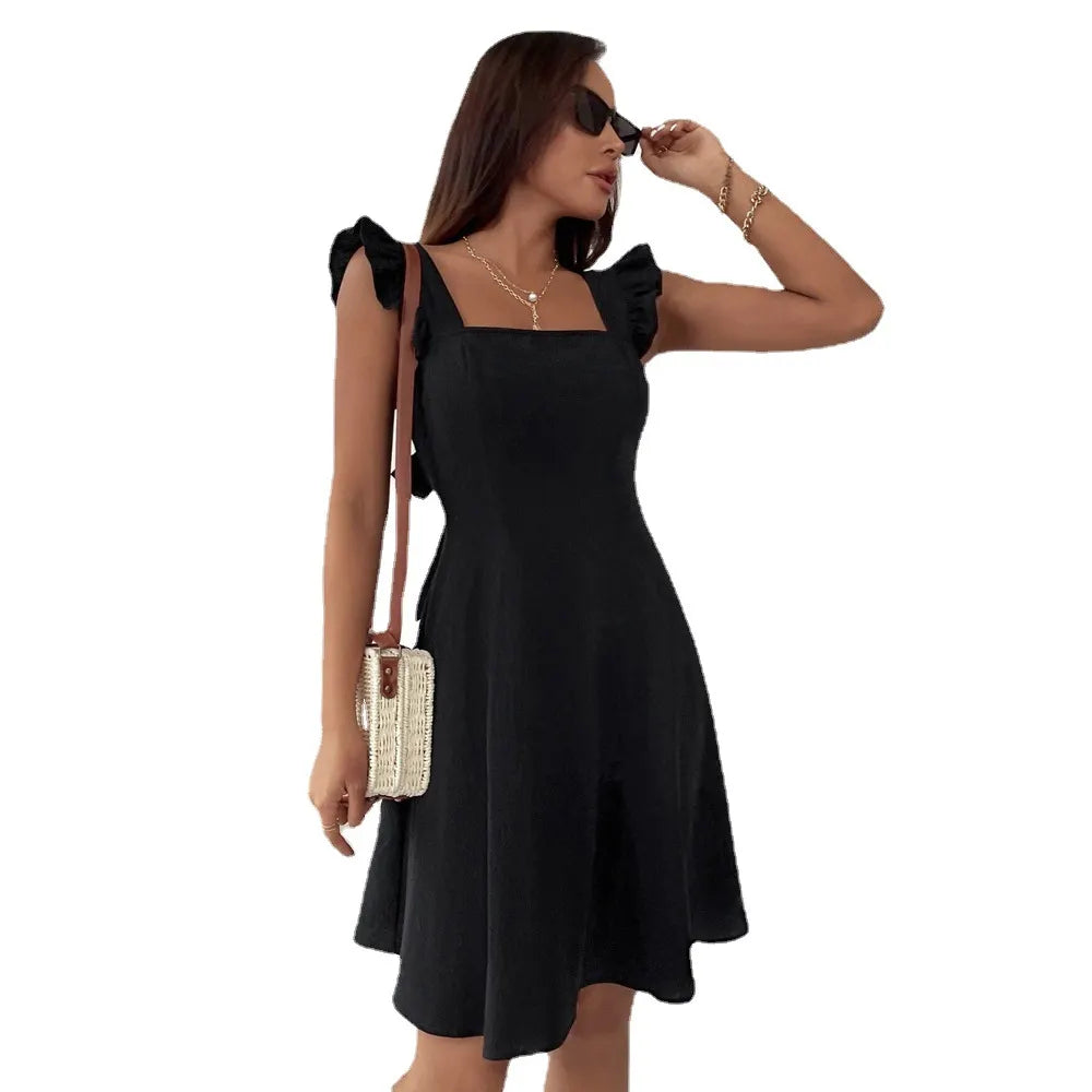 Solid Square Neck Ruffle Strap Flare Mini Dress