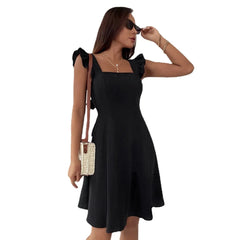 Solid Square Neck Ruffle Strap Flare Mini Dress