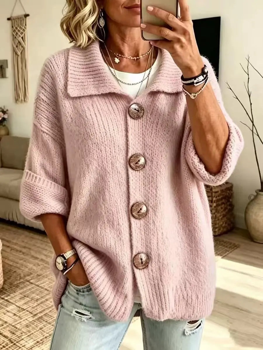 Lapel Collar Button Down Knit Cardigan, 3/4 Sleeve Loose Ribbed Knit Sweater Coat